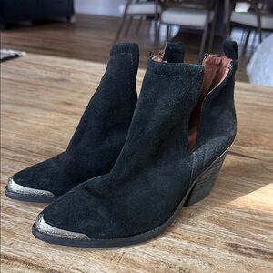 Jeffrey Campbell Black Suede Western Ankle Boots with Metallic Toe & Heel Cap